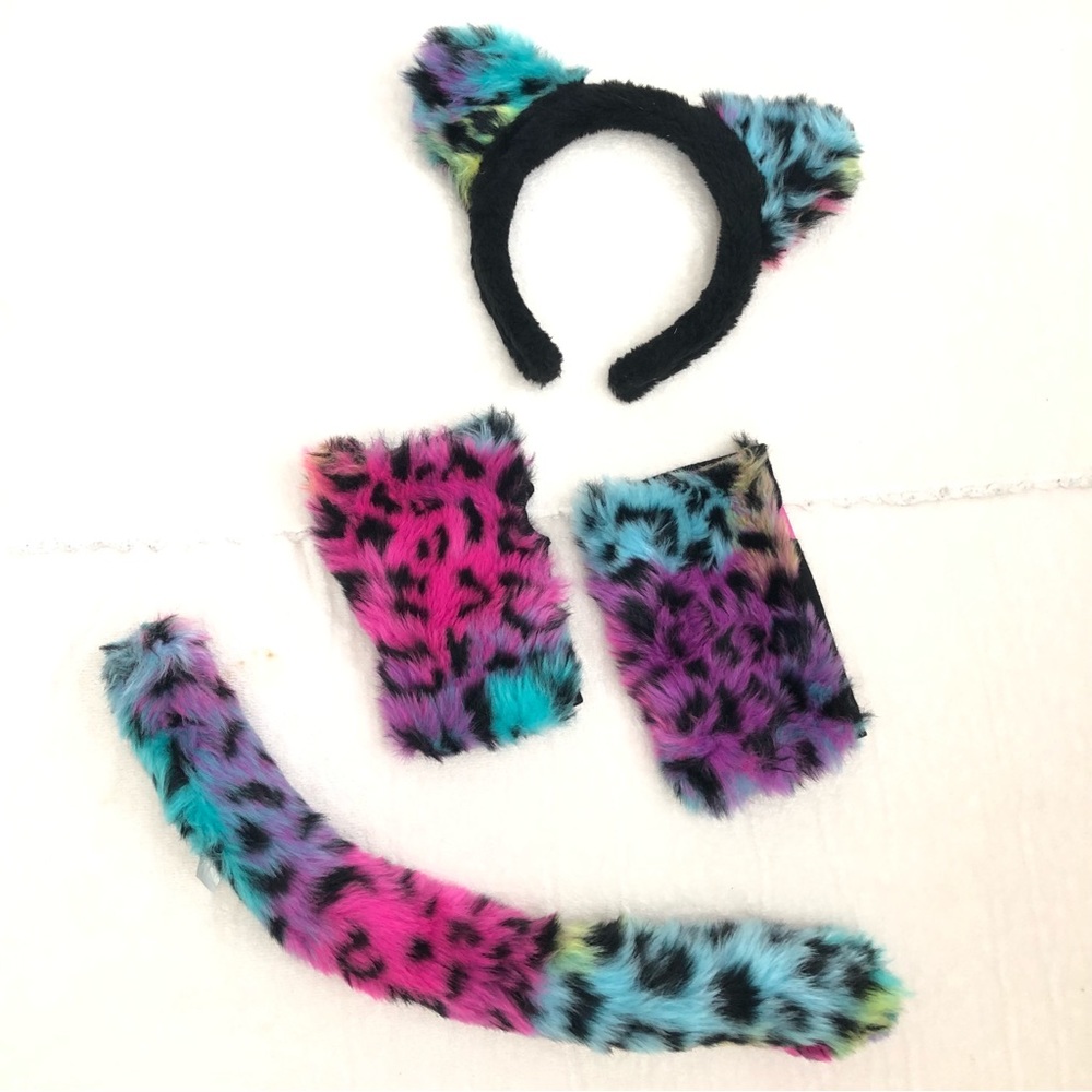 Pink & blue cat ears, tail, and paw gloves